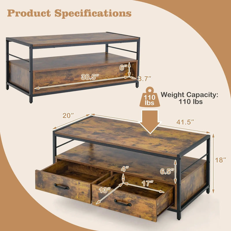 Coffee Table with 2 Drawers and Open Shelf for Living Room-Rustic Brown by DirectDeals