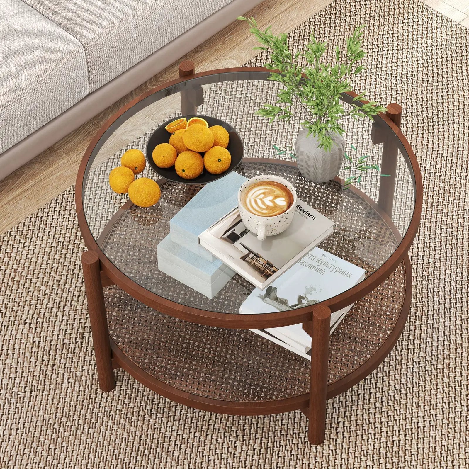 31 Inch 2-Tier Round Coffee Table with Tempered Glass Top for Living Room-Cherry by DirectDeals