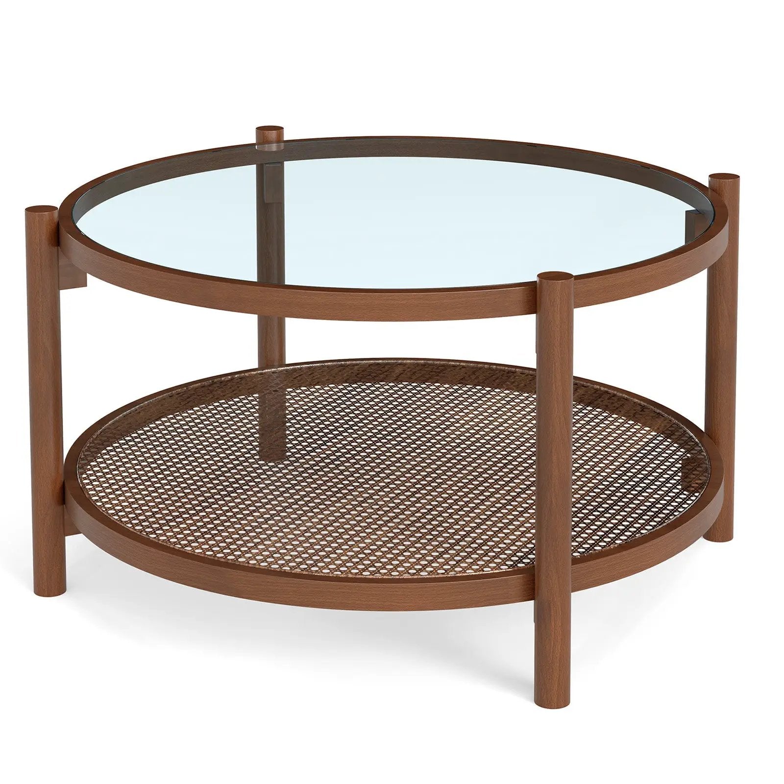 31 Inch 2-Tier Round Coffee Table with Tempered Glass Top for Living Room-Cherry by DirectDeals