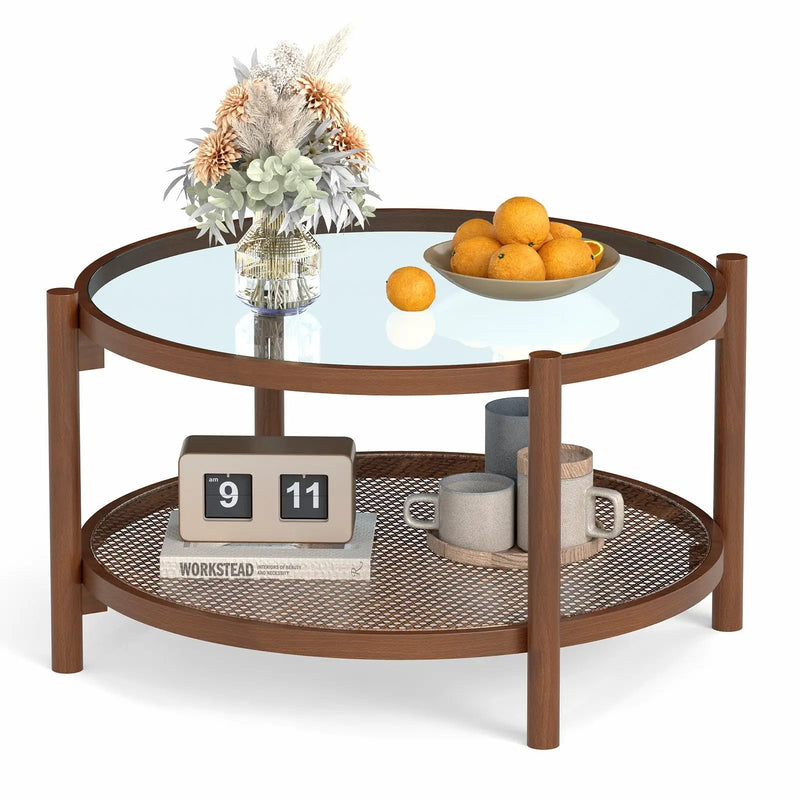 31 Inch 2-Tier Round Coffee Table with Tempered Glass Top for Living Room-Cherry by DirectDeals