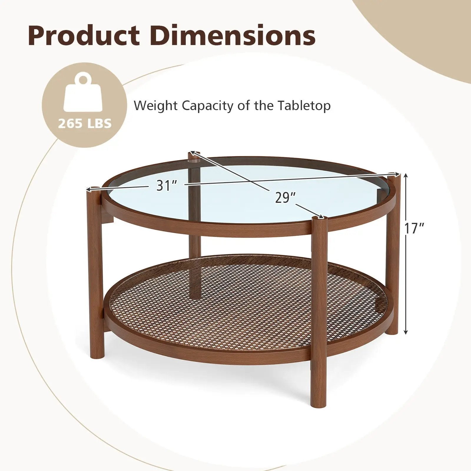 31 Inch 2-Tier Round Coffee Table with Tempered Glass Top for Living Room-Cherry by DirectDeals
