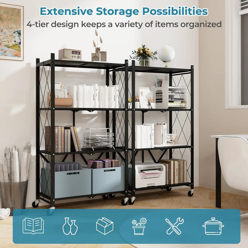 4-Tier Foldable Storage Shelf Collapsible Storage Rack with Lockable Wheels-Black by DirectDeals