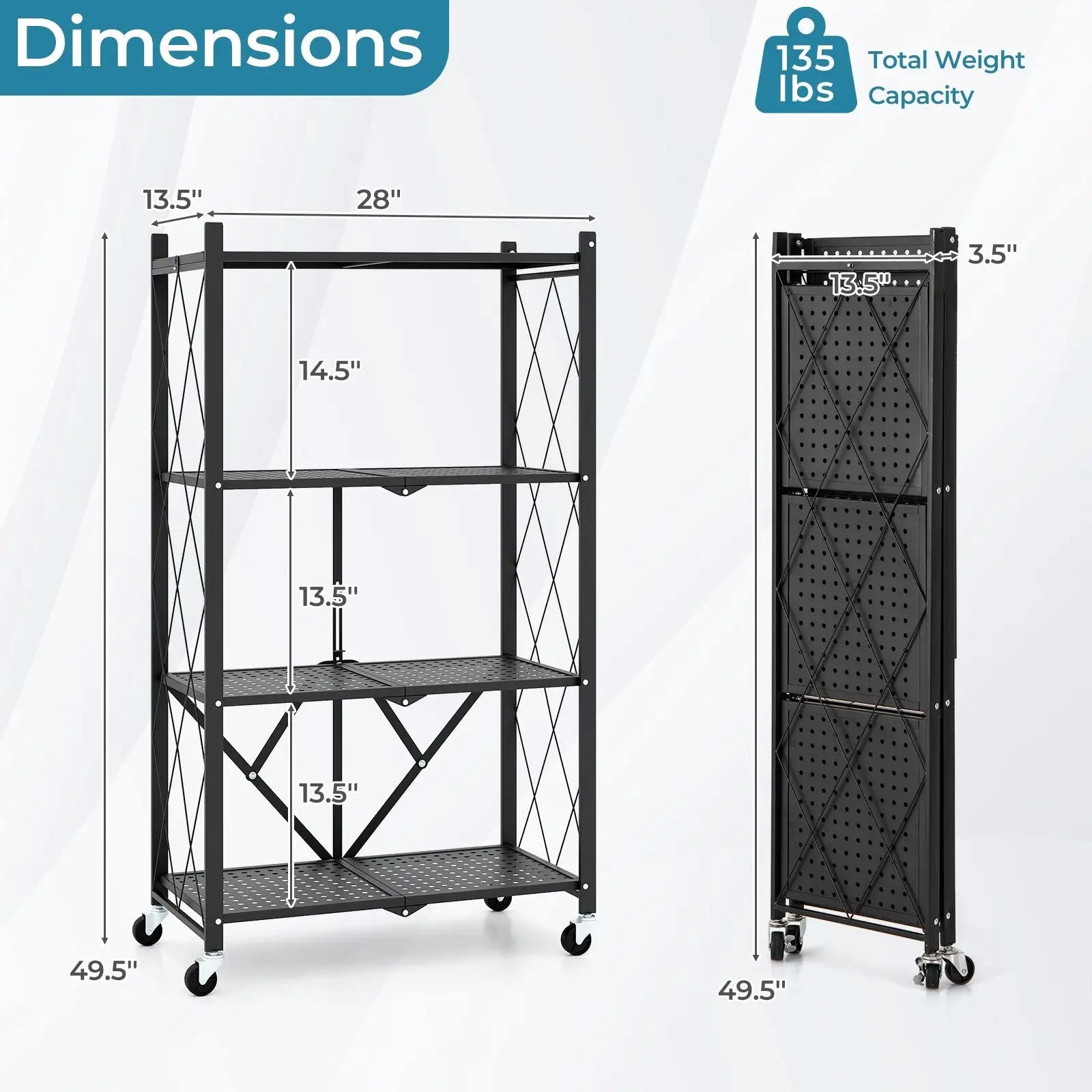 4-Tier Foldable Storage Shelf Collapsible Storage Rack with Lockable Wheels-Black by DirectDeals