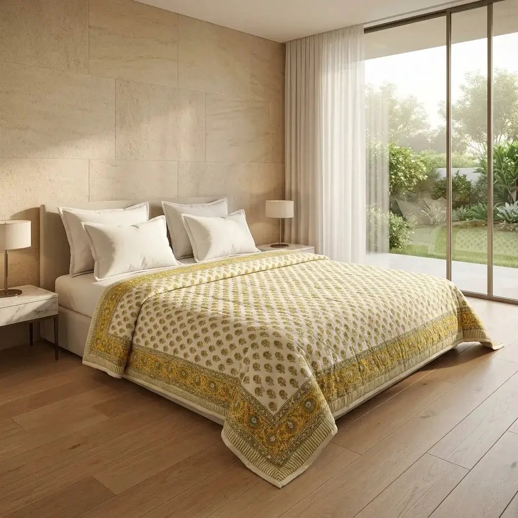 House of Avana Cream & Mustard Yellow Floral Jaipur Indian Hand Block Print Quilted Comforter by House Of Avana