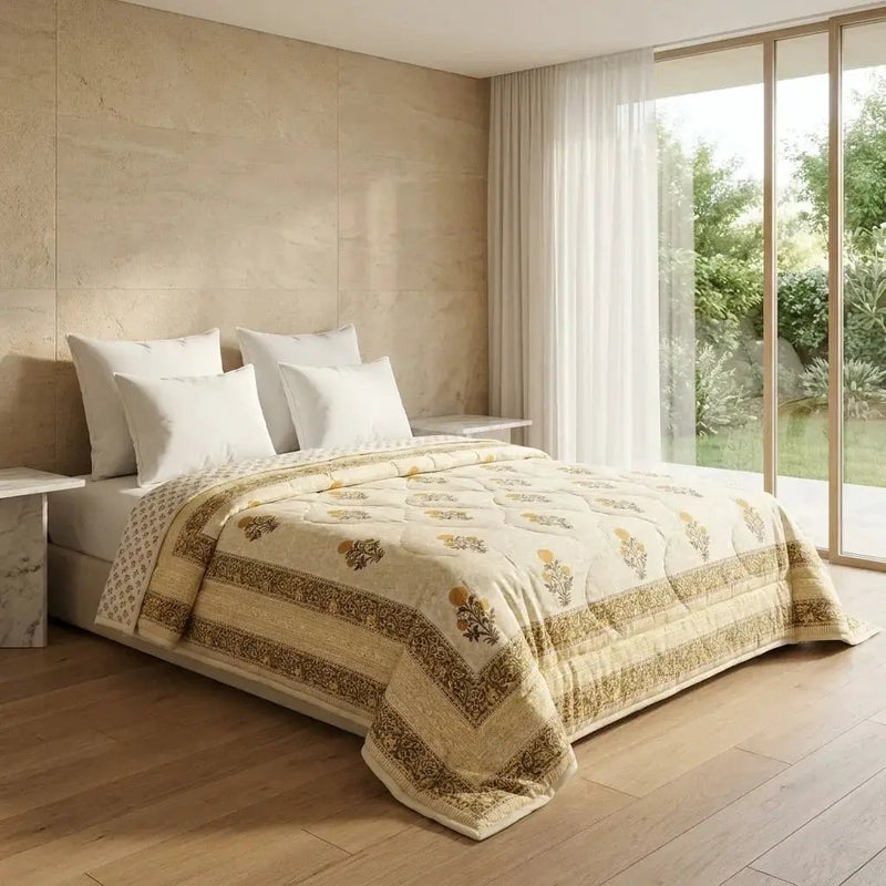 House of Avana Light Grey & Charcoal Floral Jaipur Indian Hand Block Print Quilted Comforter by House Of Avana