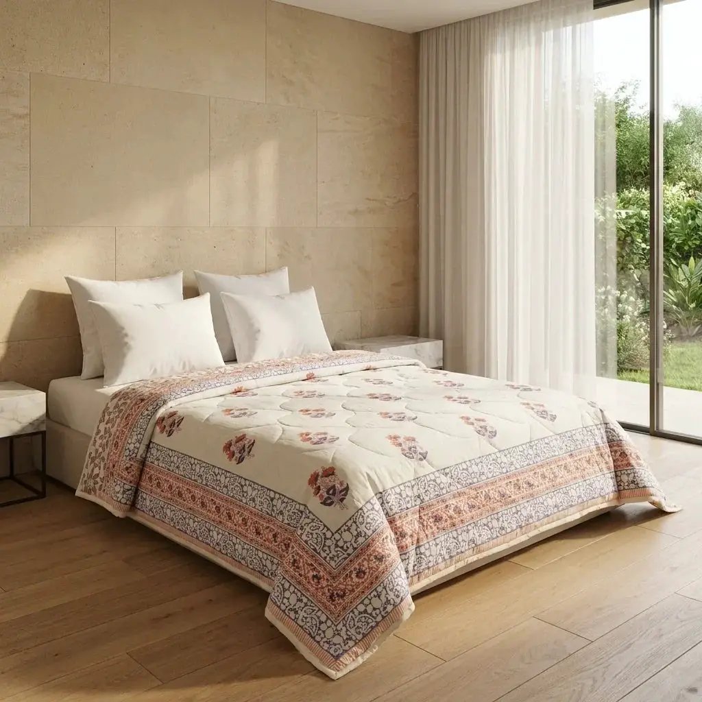 House of Avana Lavender Grey & Cream Floral Jaipur Indian Hand Block Print Quilted Comforter by House Of Avana