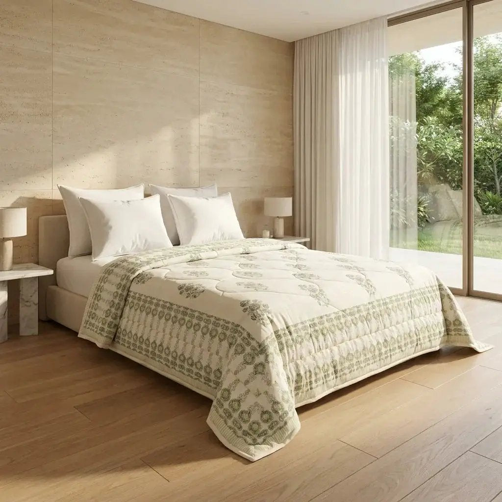 House of Avana Sage Green & Cream Mauve Floral Jaipur Indian Hand Block Print Quilted Comforter by House Of Avana