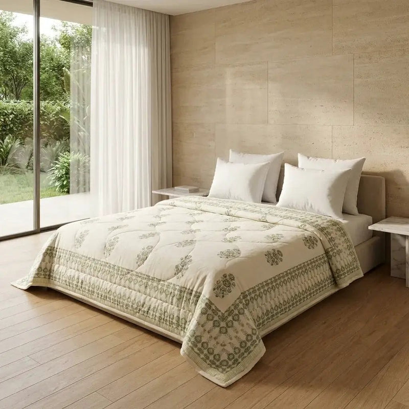 House of Avana Sage Green & Cream Mauve Floral Jaipur Indian Hand Block Print Quilted Comforter by House Of Avana