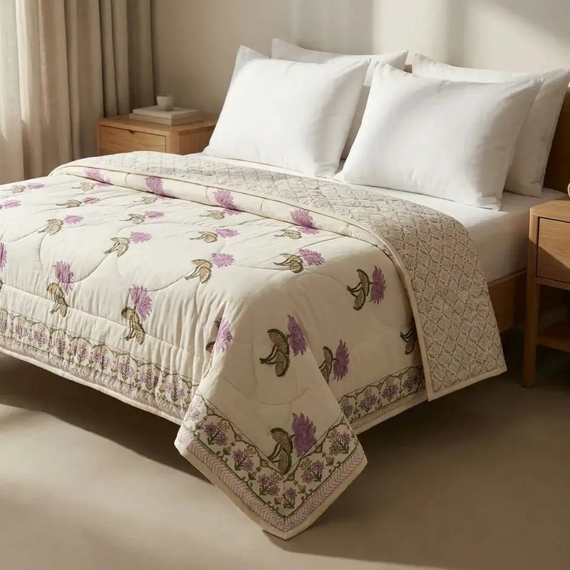 House of Avana Cream & Mauve Floral Jaipur Indian Hand Block Print Quilted Comforter by House Of Avana
