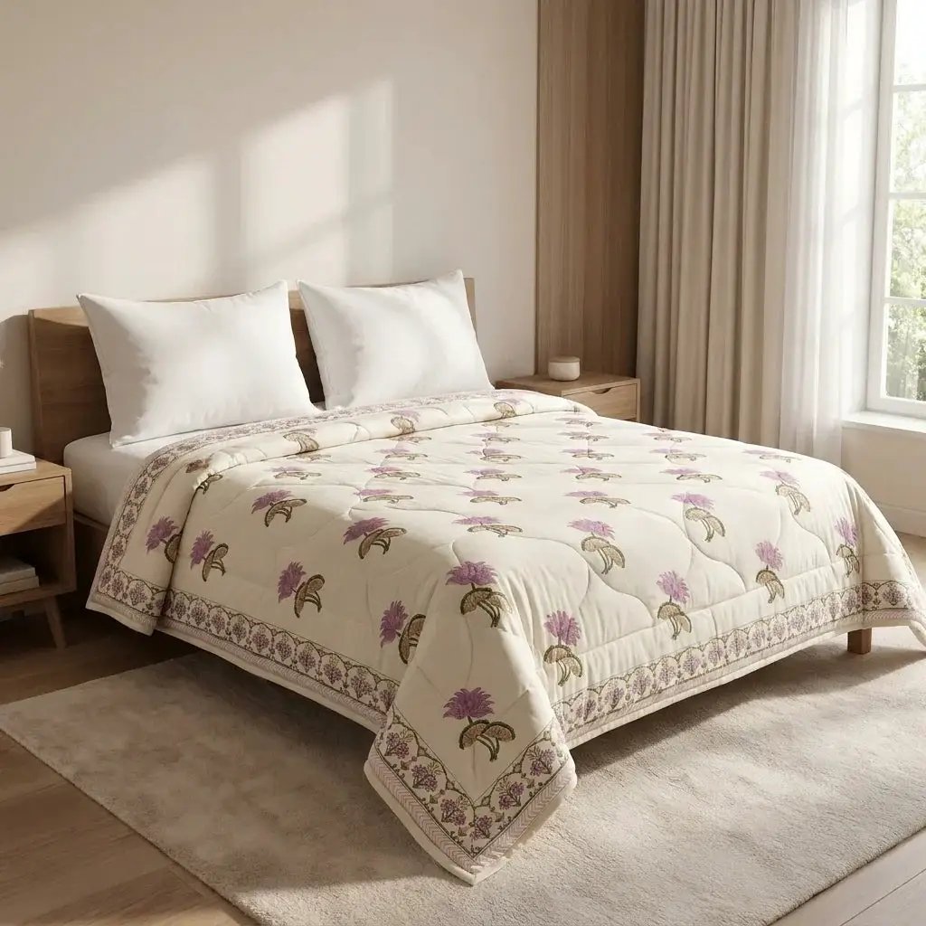 House of Avana Cream & Mauve Floral Jaipur Indian Hand Block Print Quilted Comforter by House Of Avana