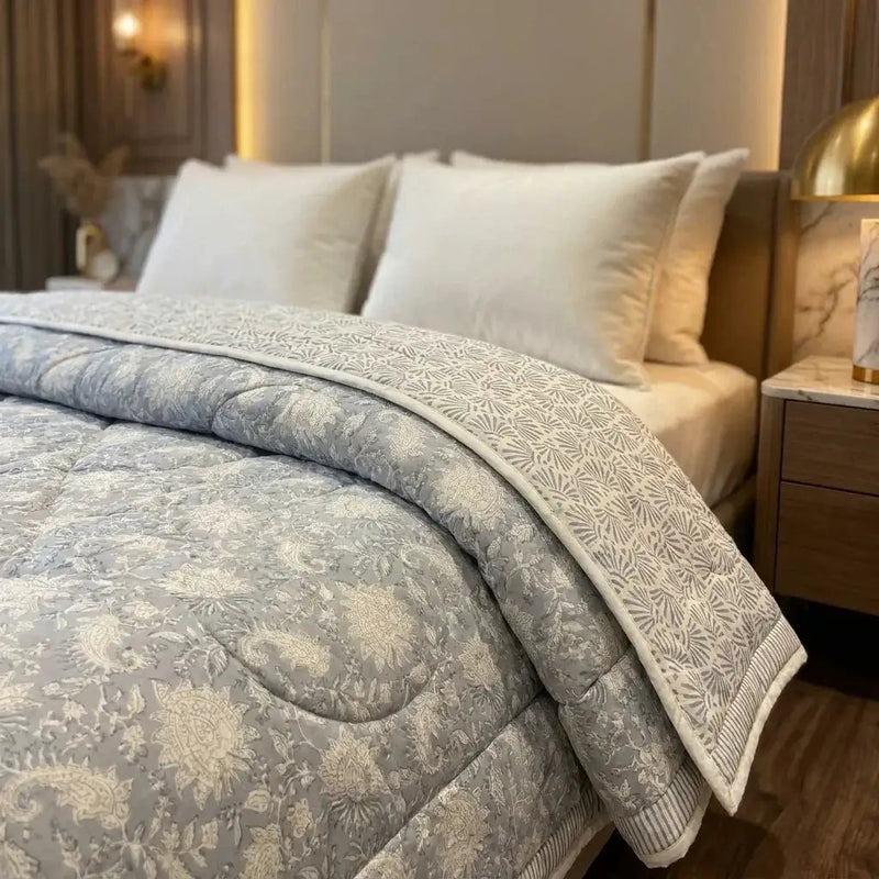 House of Avana Soft Grey & Cream Floral Jaipur Indian Hand Block Print Quilted Comforter by House Of Avana