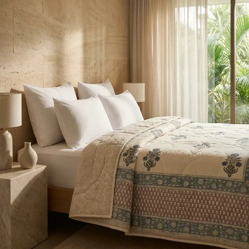 House of Avana Cream & Slate Blue Floral Jaipur Indian Hand Block Print Quilted Comforter by House Of Avana