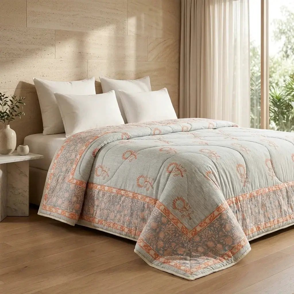 House of Avana Blue Grey & Peach Floral Jaipur Indian Hand Block Print Quilted Comforter by House Of Avana