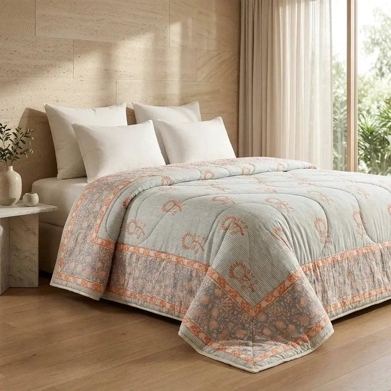 House of Avana Blue Grey & Peach Floral Jaipur Indian Hand Block Print Quilted Comforter by House Of Avana