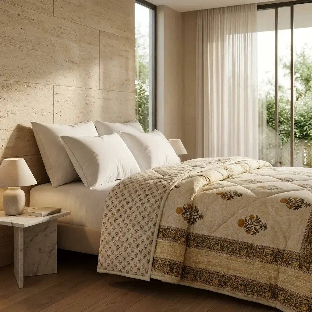House of Avana Light Grey & Charcoal Floral Jaipur Indian Hand Block Print Quilted Comforter by House Of Avana