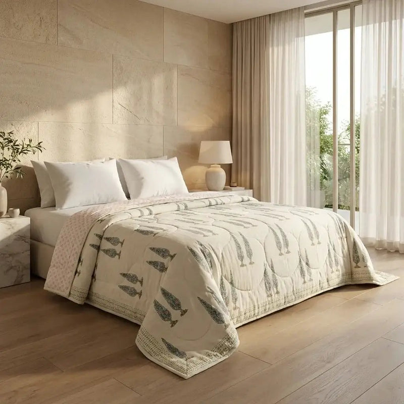 House of Avana Cream & Rust Sage Floral Jaipur Indian Hand Block Print Quilted Comforter by House Of Avana