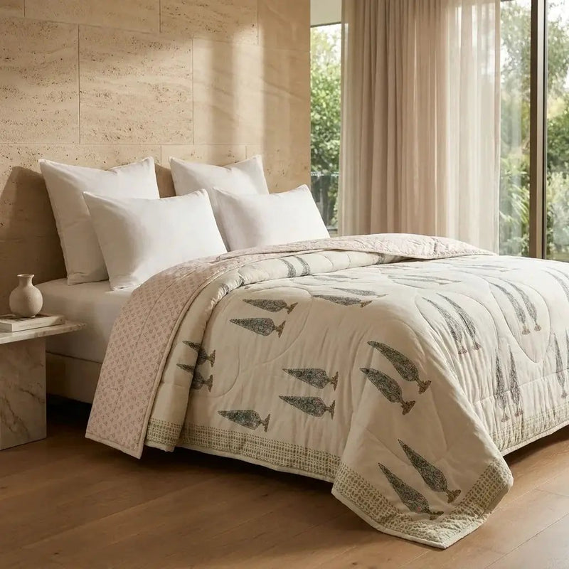 House of Avana Cream & Rust Sage Floral Jaipur Indian Hand Block Print Quilted Comforter by House Of Avana