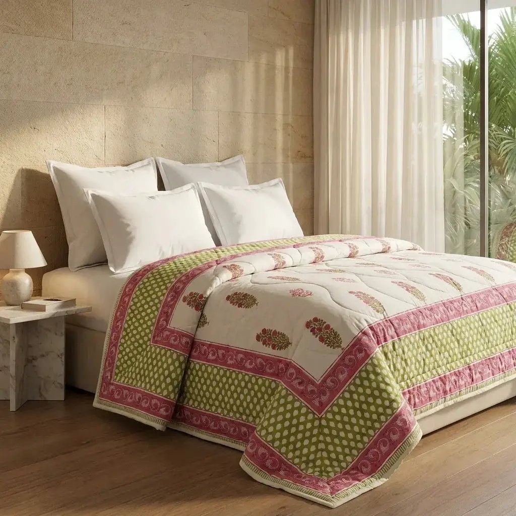 House of Avana Cream & Deep Rose Floral Jaipur Indian Hand Block Print Quilted Comforter by House Of Avana