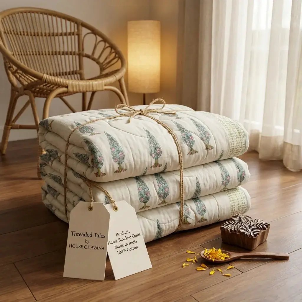 House of Avana Cream & Rust Sage Floral Jaipur Indian Hand Block Print Quilted Comforter by House Of Avana