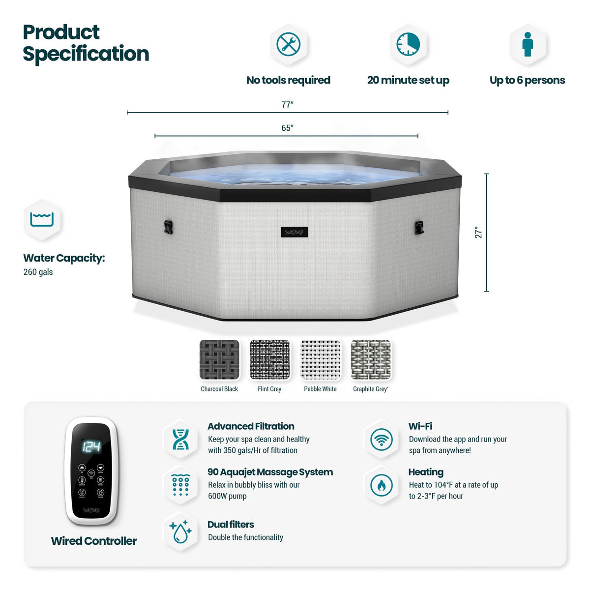 Como | 6-Person Eco Foam Hot Tub | Octagon | Built-In Integrated Heater, dimensions drawing