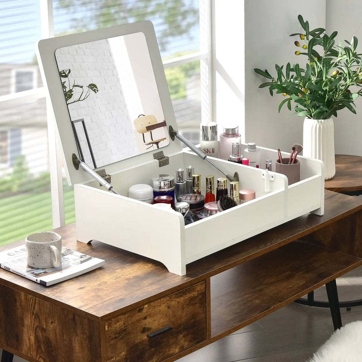 Compact Bay Window Makeup Dressing Table with Flip-Top Mirror by DirectDeals