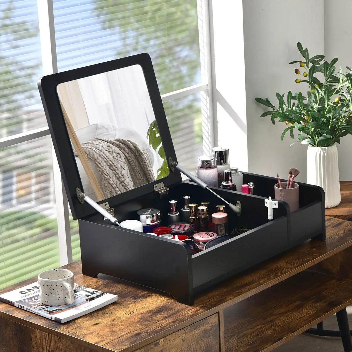 Compact Bay Window Makeup Dressing Table with Flip-Top Mirror by DirectDeals