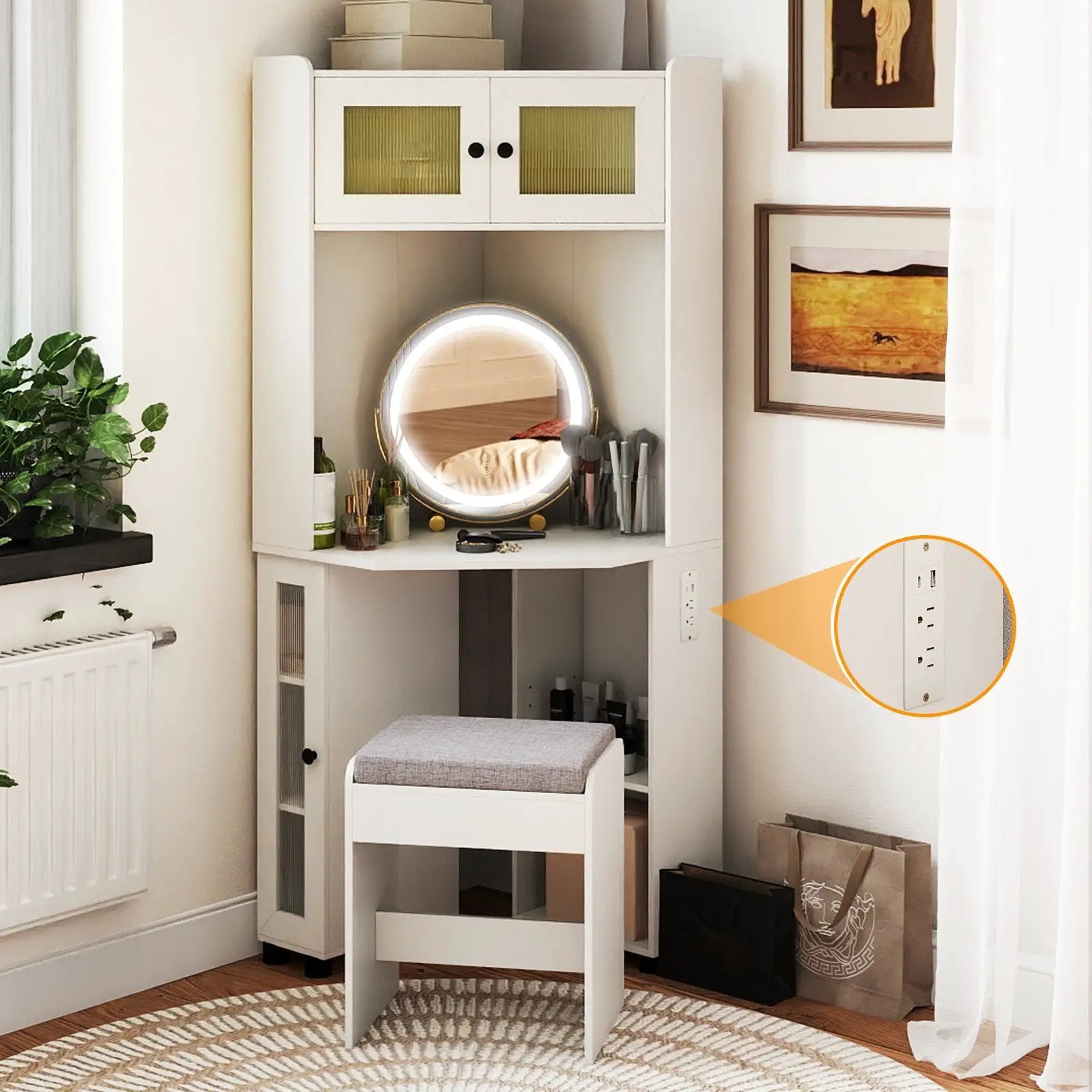 Compact Dressing Corner Vanity Desk with Mirror and Lights-White by DirectDeals