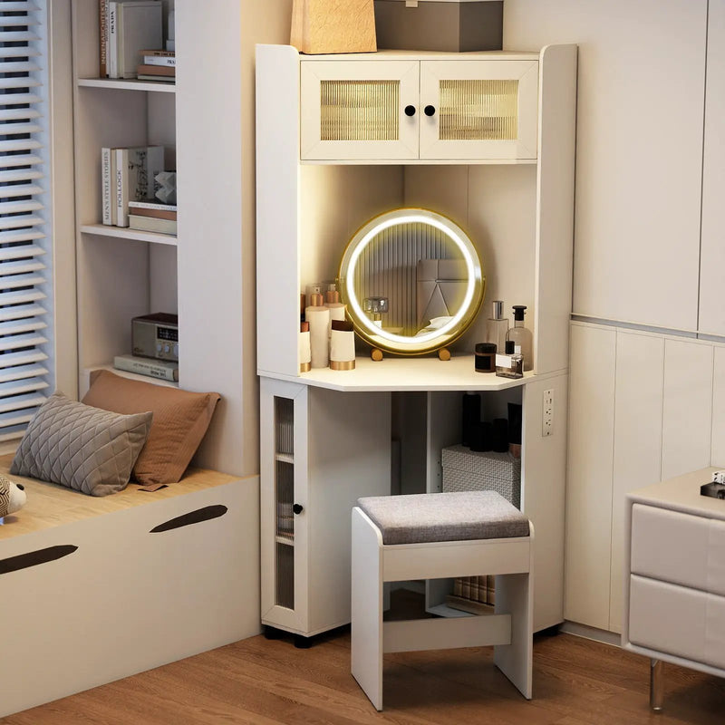 Compact Dressing Corner Vanity Desk with Mirror and Lights-White by DirectDeals