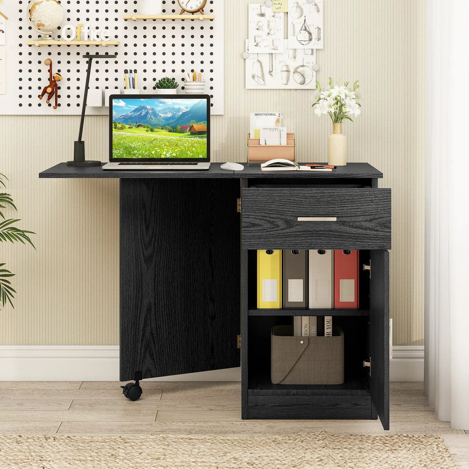 Folding Computer Desk with Drawer Mobile Home Office Desk with Cabinet by DirectDeals