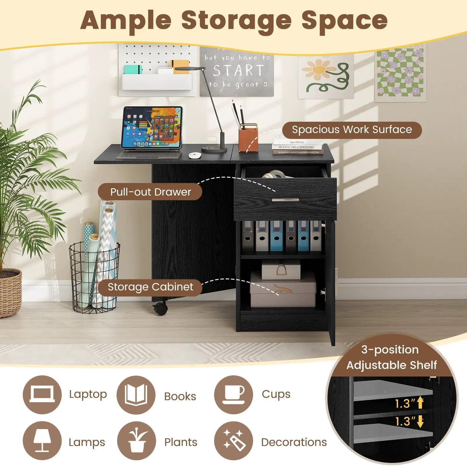Folding Computer Desk with Drawer Mobile Home Office Desk with Cabinet by DirectDeals