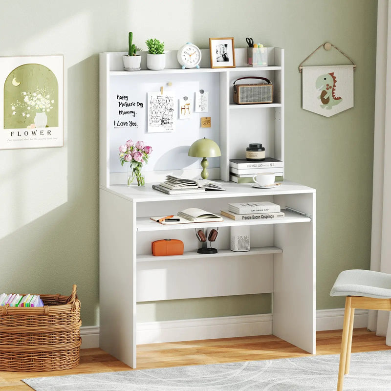 Compact Office Computer Desk with Hutch Magnetic Whiteboard-White by DirectDeals