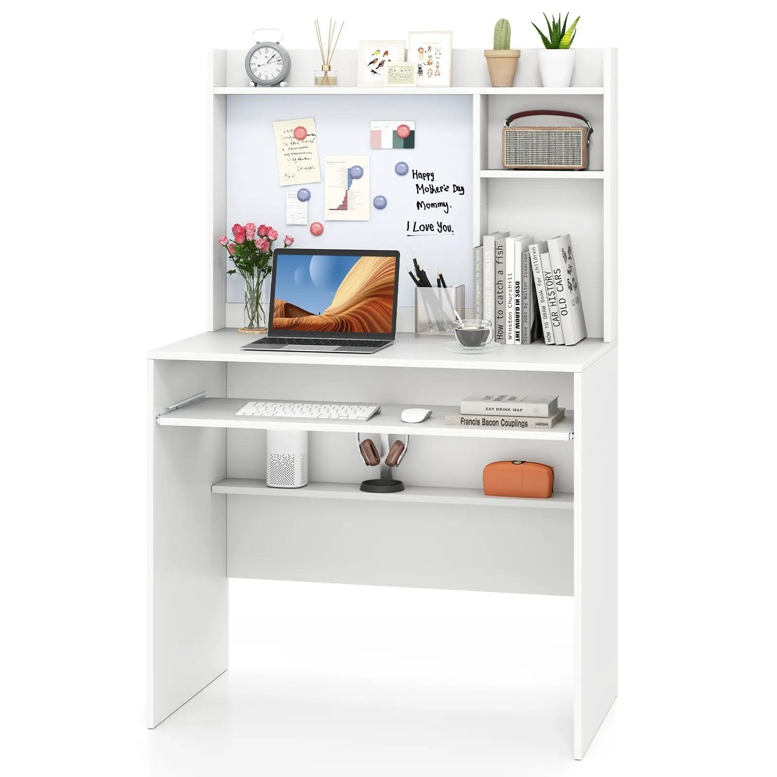 Compact Office Computer Desk with Hutch Magnetic Whiteboard-White by DirectDeals