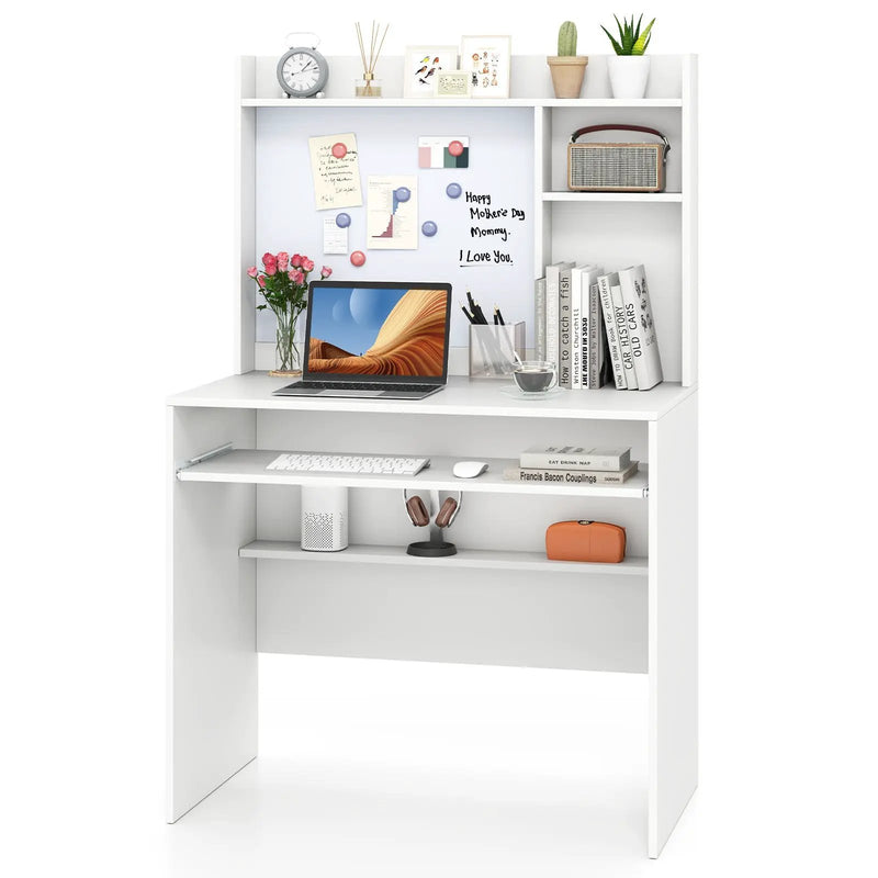 Compact Office Computer Desk with Hutch Magnetic Whiteboard-White by DirectDeals