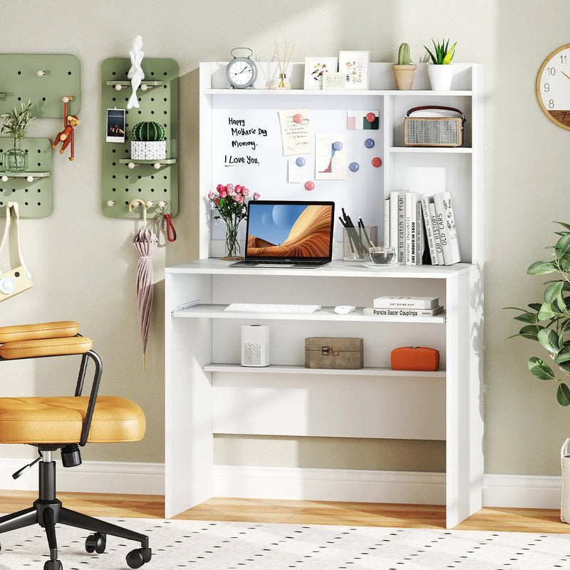Compact Office Computer Desk with Hutch Magnetic Whiteboard-White by DirectDeals