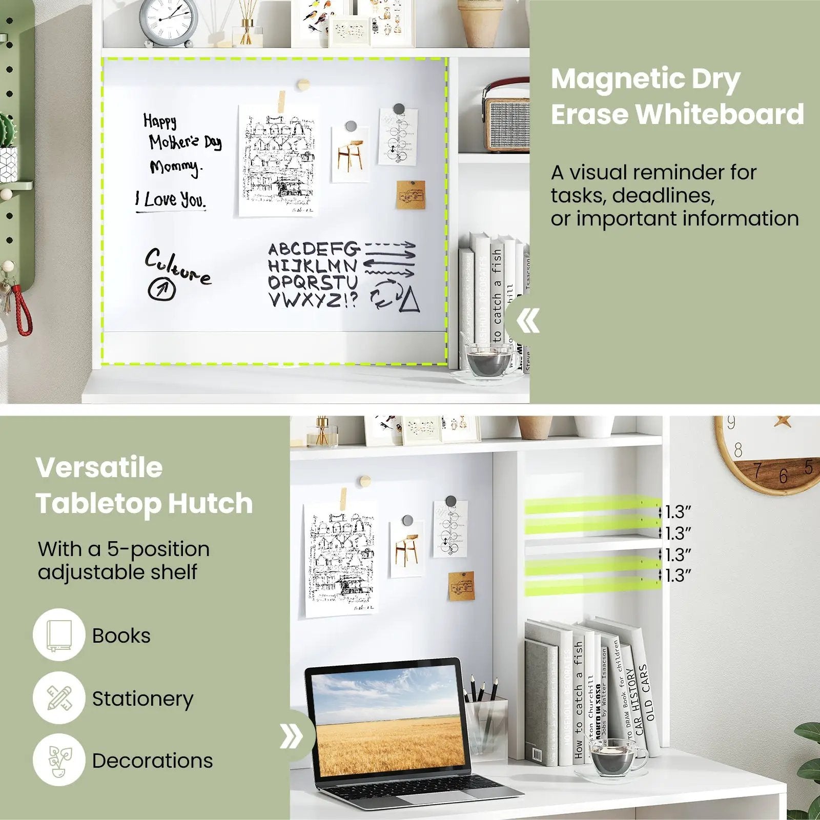 Compact Office Computer Desk with Hutch Magnetic Whiteboard-White by DirectDeals