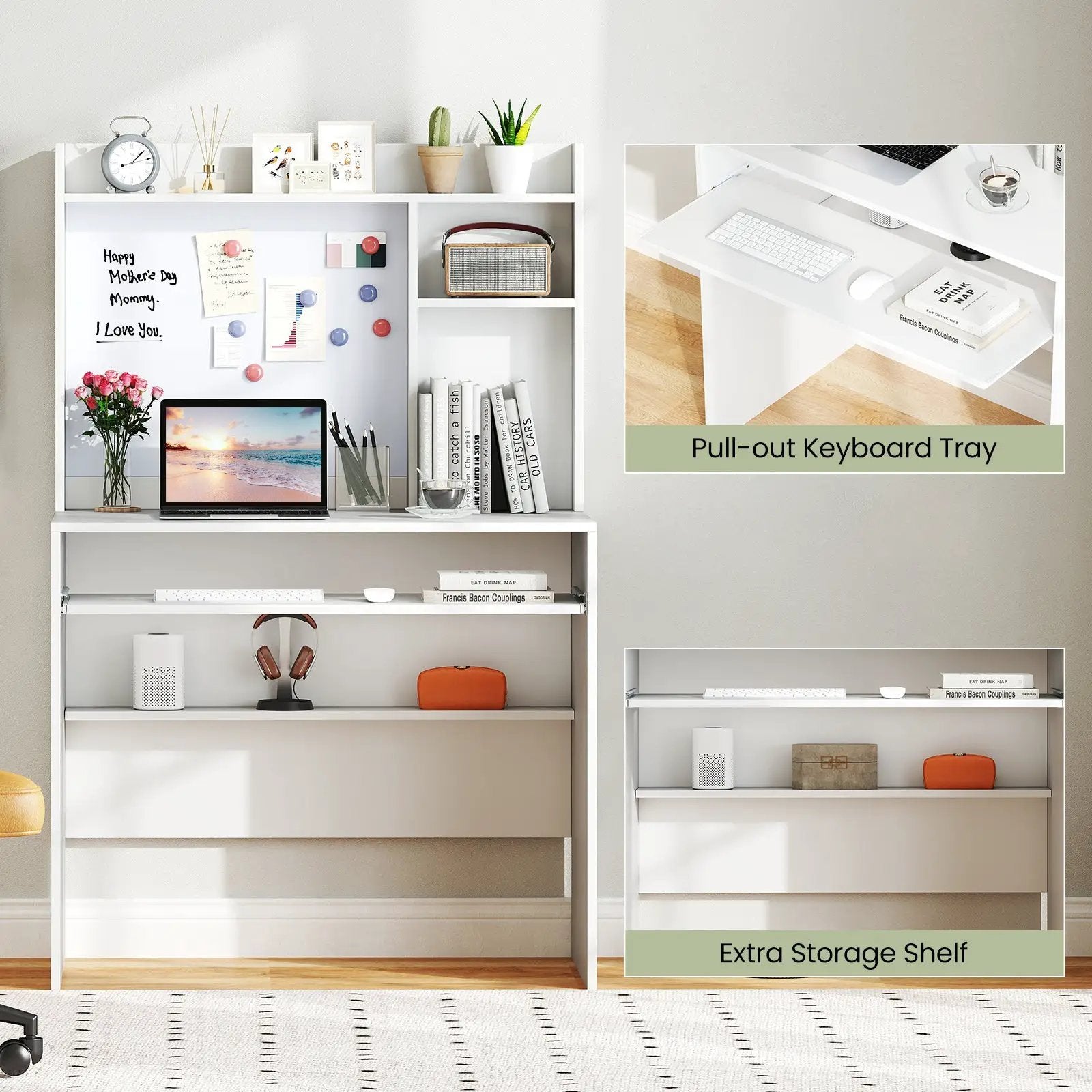 Compact Office Computer Desk with Hutch Magnetic Whiteboard-White by DirectDeals