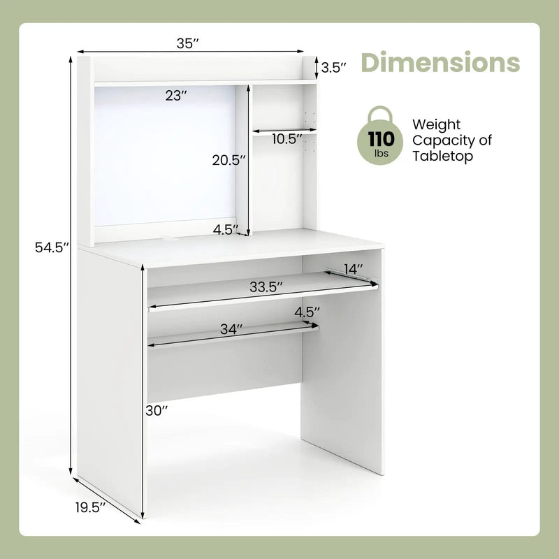 Compact Office Computer Desk with Hutch Magnetic Whiteboard-White by DirectDeals