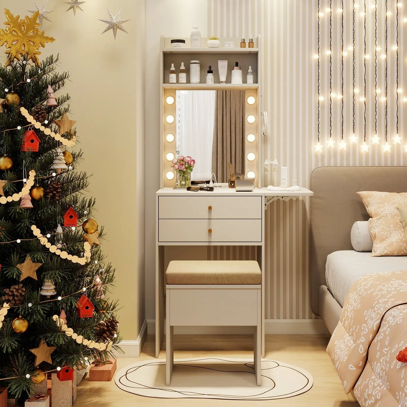 Compact Vanity Desk Set with 3-Color Lighted Mirror and Power Outlets by DirectDeals