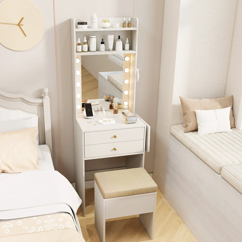 Compact Vanity Desk Set with 3-Color Lighted Mirror and Power Outlets by DirectDeals