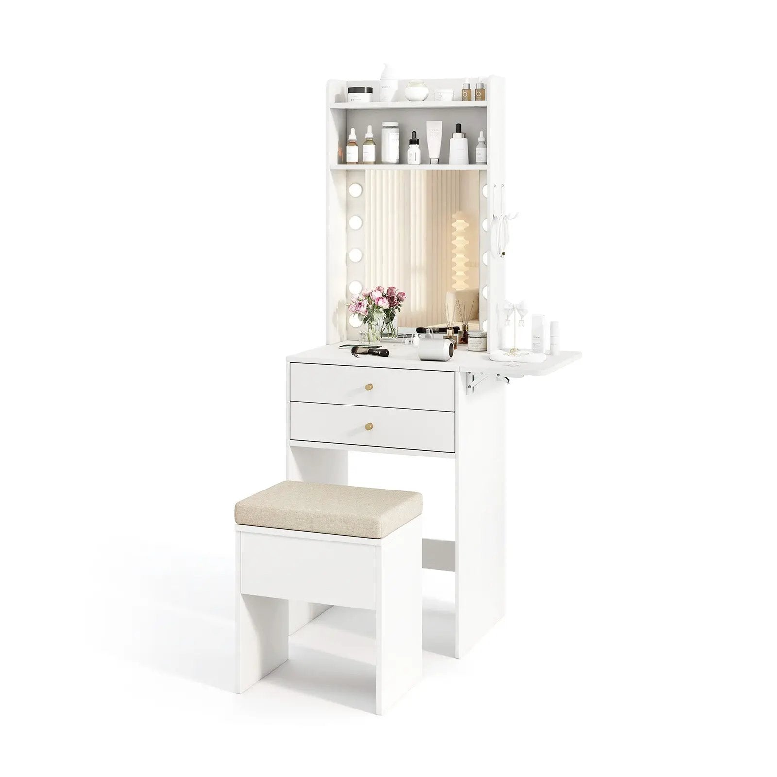 Compact Vanity Desk Set with 3-Color Lighted Mirror and Power Outlets by DirectDeals