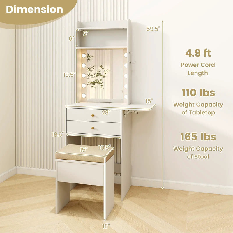 Compact Vanity Desk Set with 3-Color Lighted Mirror and Power Outlets by DirectDeals