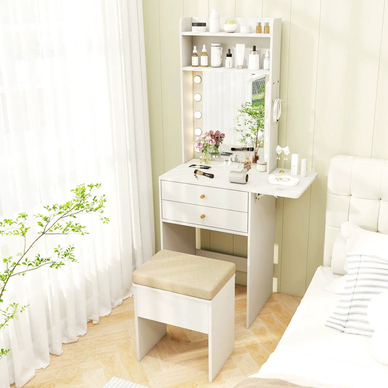 Compact Vanity Desk Set with 3-Color Lighted Mirror and Power Outlets by DirectDeals