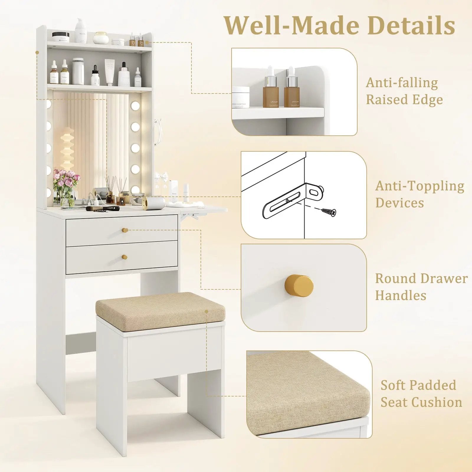 Compact Vanity Desk Set with 3-Color Lighted Mirror and Power Outlets by DirectDeals
