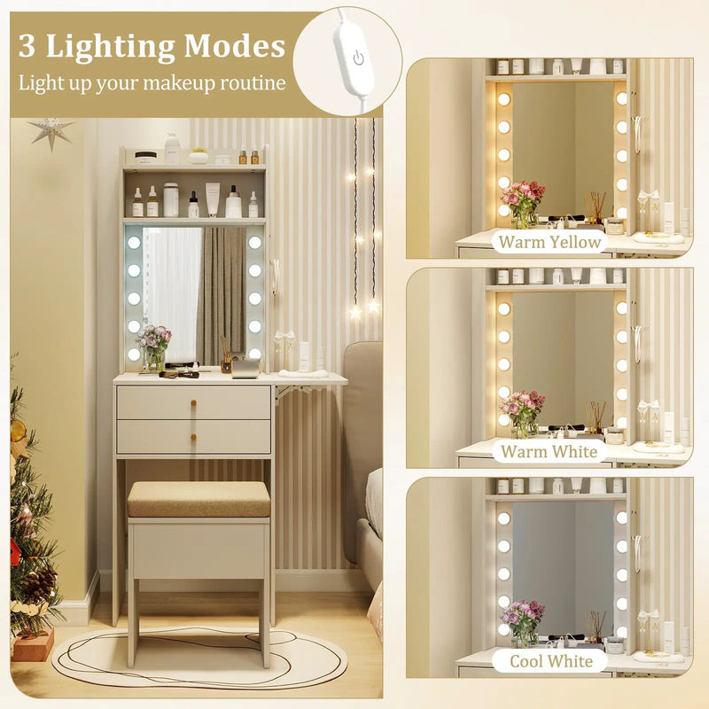 Compact Vanity Desk Set with 3-Color Lighted Mirror and Power Outlets by DirectDeals