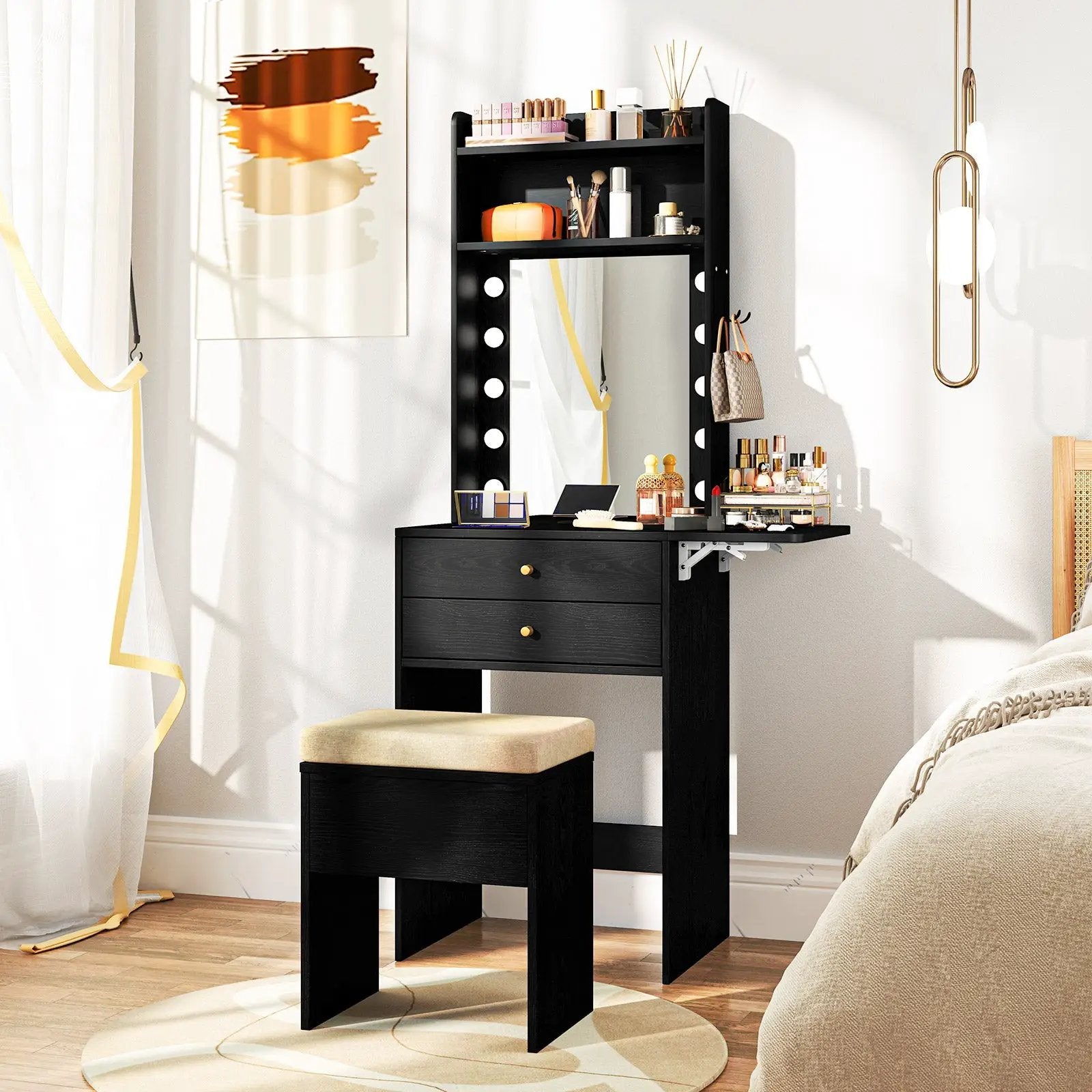 Compact Vanity Desk Set with 3-Color Lighted Mirror and Power Outlets by DirectDeals