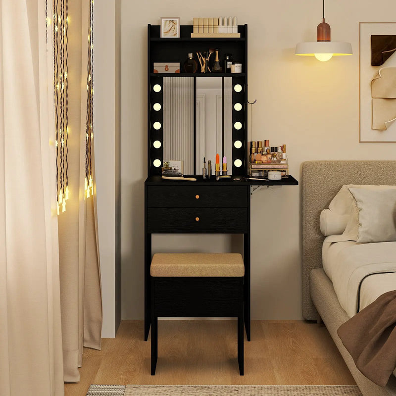 Compact Vanity Desk Set with 3-Color Lighted Mirror and Power Outlets by DirectDeals