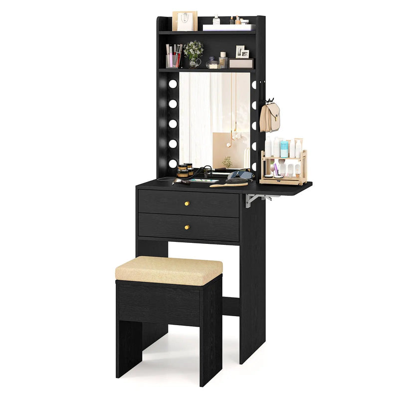 Compact Vanity Desk Set with 3-Color Lighted Mirror and Power Outlets by DirectDeals