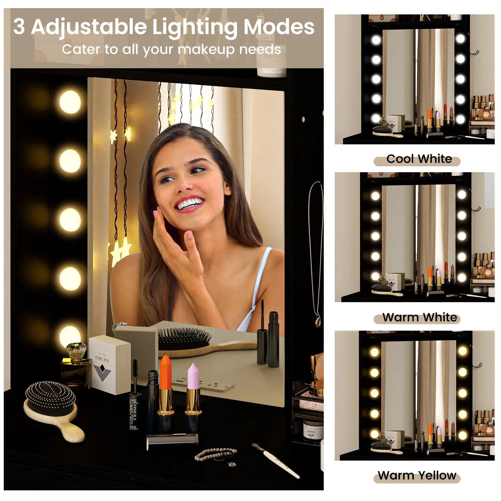 Compact Vanity Desk Set with 3-Color Lighted Mirror and Power Outlets by DirectDeals