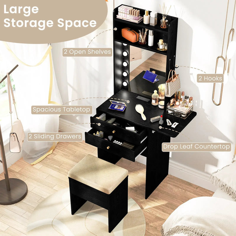 Compact Vanity Desk Set with 3-Color Lighted Mirror and Power Outlets by DirectDeals