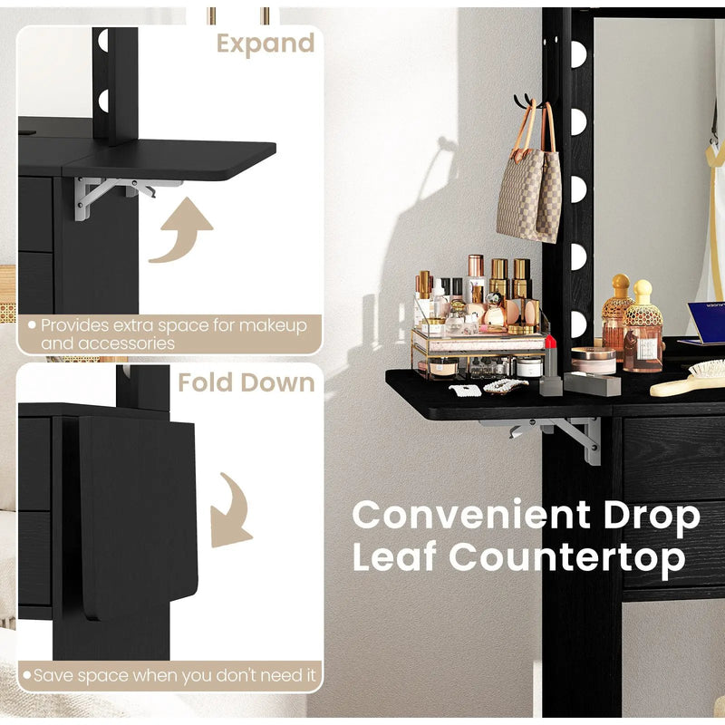 Compact Vanity Desk Set with 3-Color Lighted Mirror and Power Outlets by DirectDeals